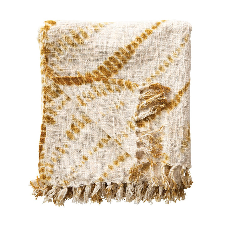 Cotton Tie-Dyed Throw with Fringe Mustard Color