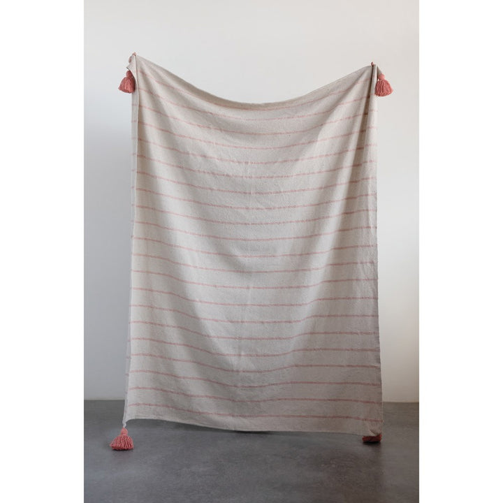 Woven Recycled Cotton Throw with Stripes & Tassels - Pink