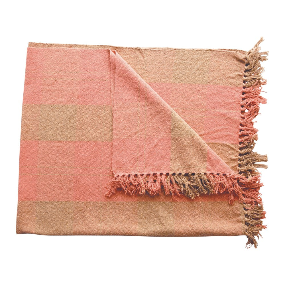 Woven Plaid Throw - Pink and Tan
