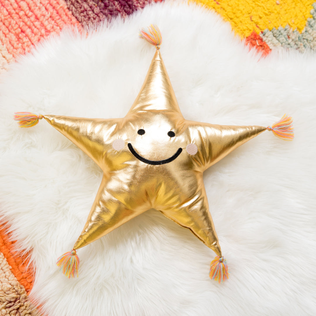 Gold Star Shaped Embroidered Pillow With Tassels