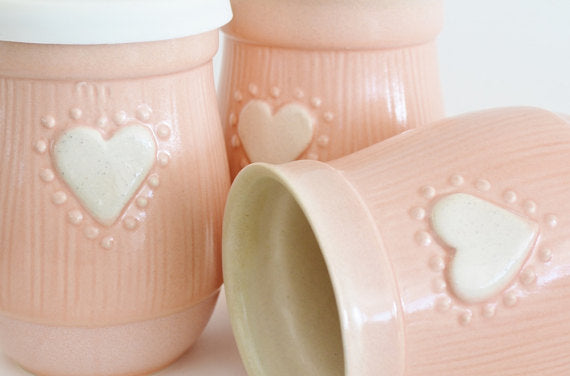 Ceramic Travel Mug with Lid- Pink with Heart- 16oz