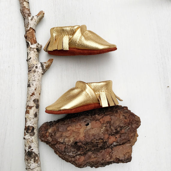 Gold Dust Moccs Fringe Soft Soled Leather Baby and Toddler