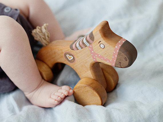 Wooden Pull Along Horse Toy - Pink