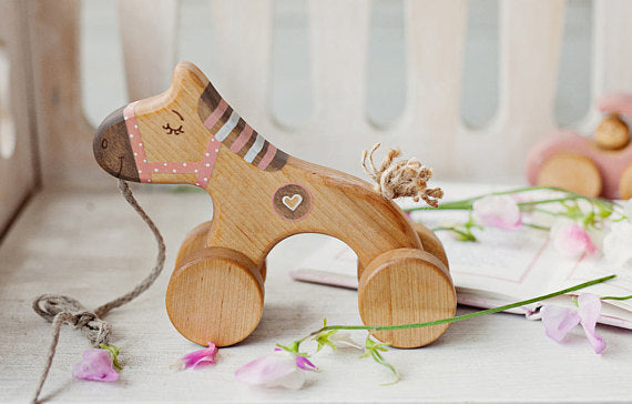 Wooden Pull Along Horse Toy - Pink