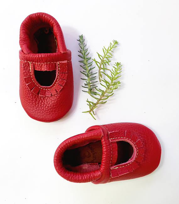 Cherry Red Mary Jane Moccs Soft Soled Leather Shoes Baby and Toddler