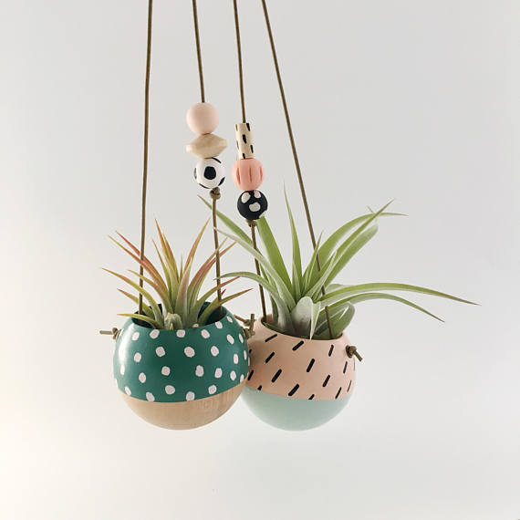 Mini Hanging Sphere Planter- Jade/Natural w/Blush Dots