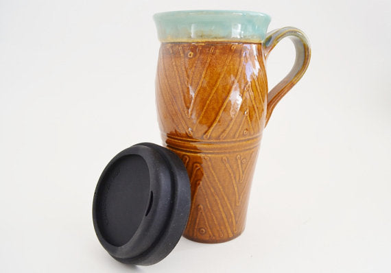 Ceramic Travel Mug with Lid and Handle- Brown and Green with Lines and Dots