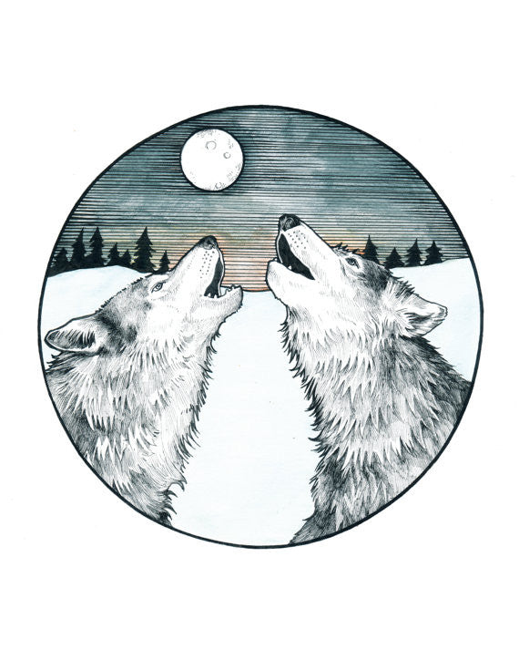 June Moon Two Wolves Howling Print
