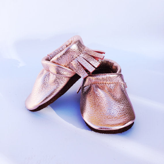 Rose Gold Moccs Fringe Soft Soled Leather Moccasins Shoes Baby and Toddler