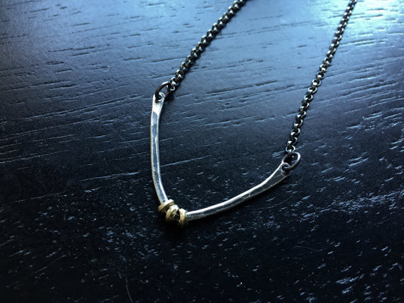 Forged Sterling V Necklace with Brass Heishi