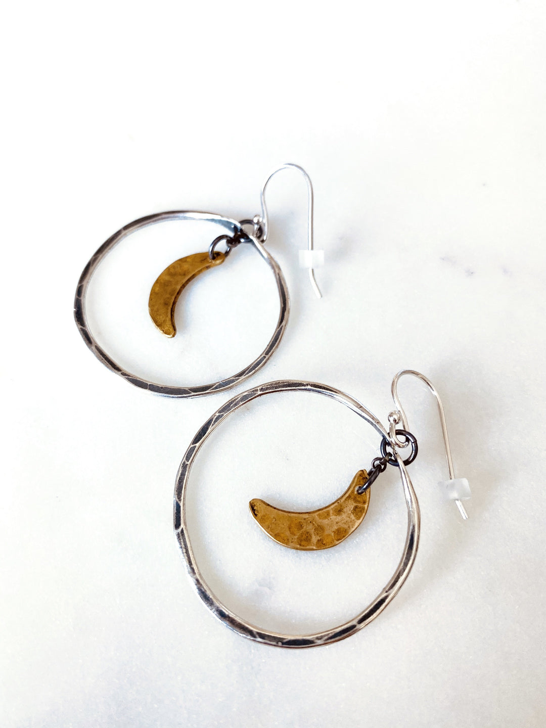 Moon Hoop Earrings - Silver Hoops, Brass Moons