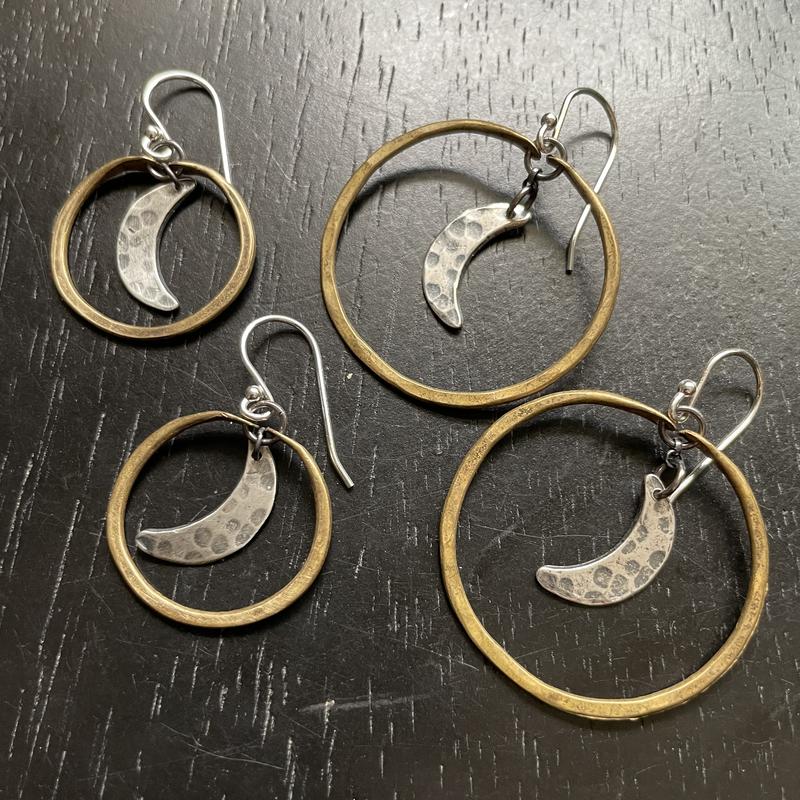 Moon Hoop Earrings - Brass Hoops, Silver Moons