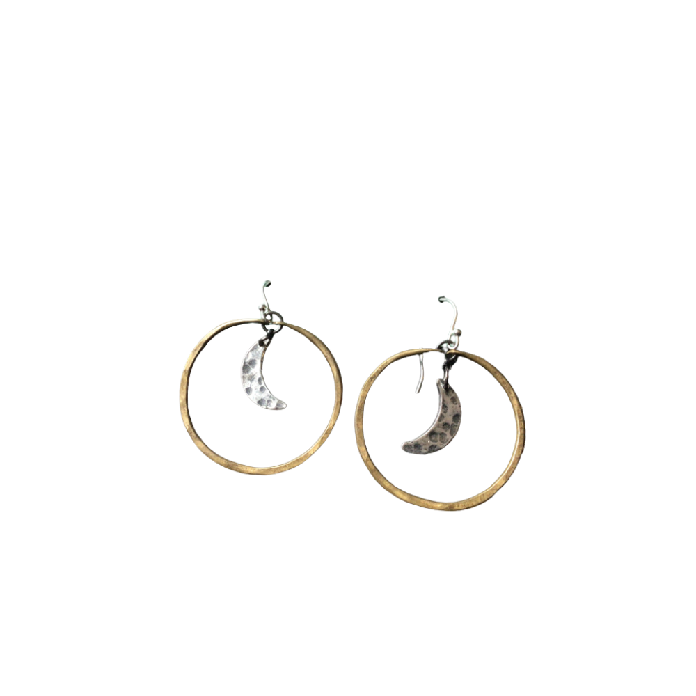 Moon Hoop Earrings - Brass Hoops, Silver Moons