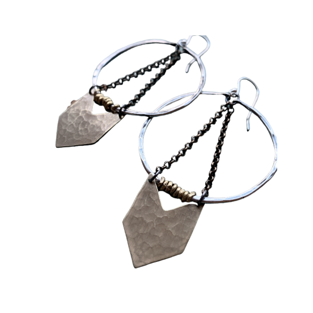 Medium Warrior Earrings- Silver Hoops, Brass Chevron