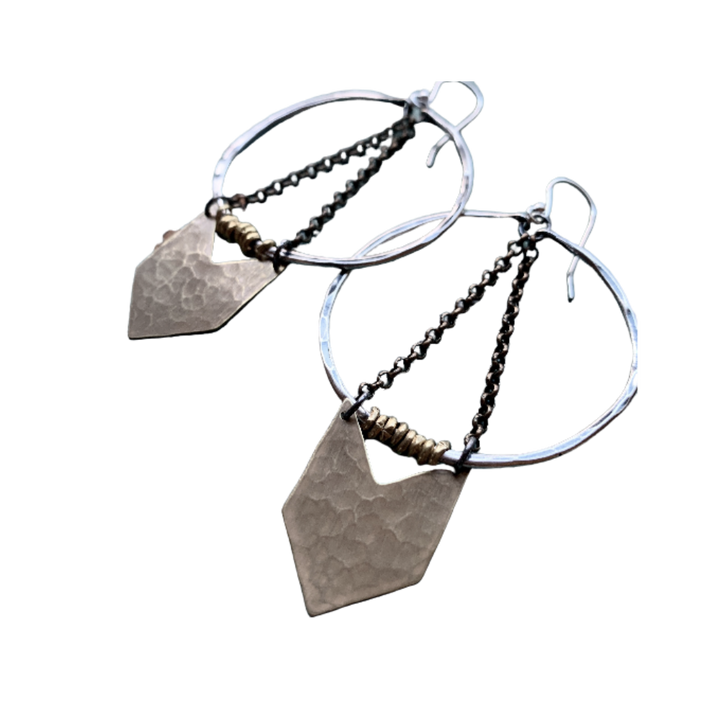 Medium Warrior Earrings- Silver Hoops, Brass Chevron