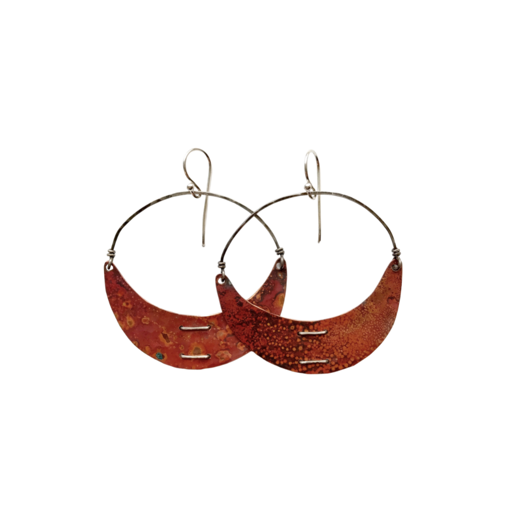 Copper Stitched Crescent Earrings Large