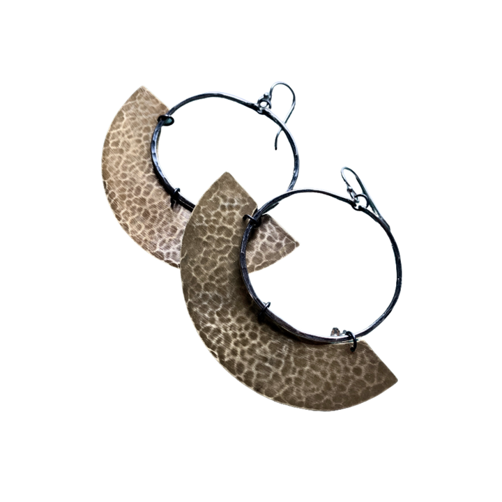 Mezzaluna Earrings - Silver Hoop w/ Thick, Hammered Light Brass Blade