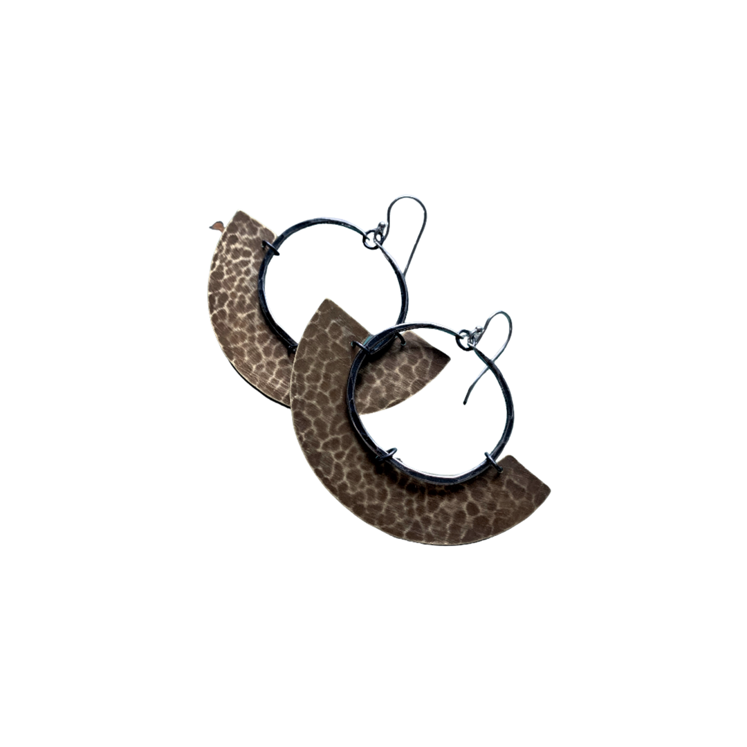 Mezzaluna Earrings - Silver Hoop w/ Thick, Hammered Light Brass Blade