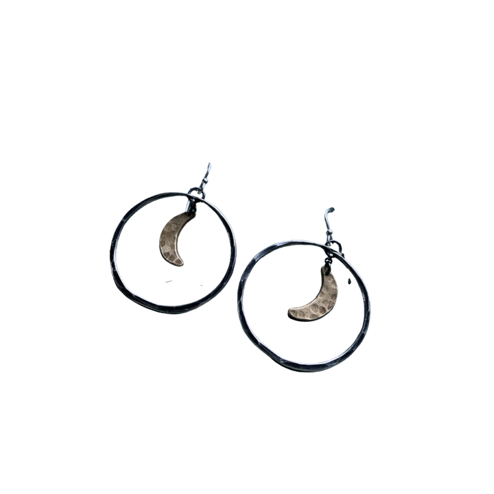 Moon Hoop Earrings - Silver Hoops, Brass Moons