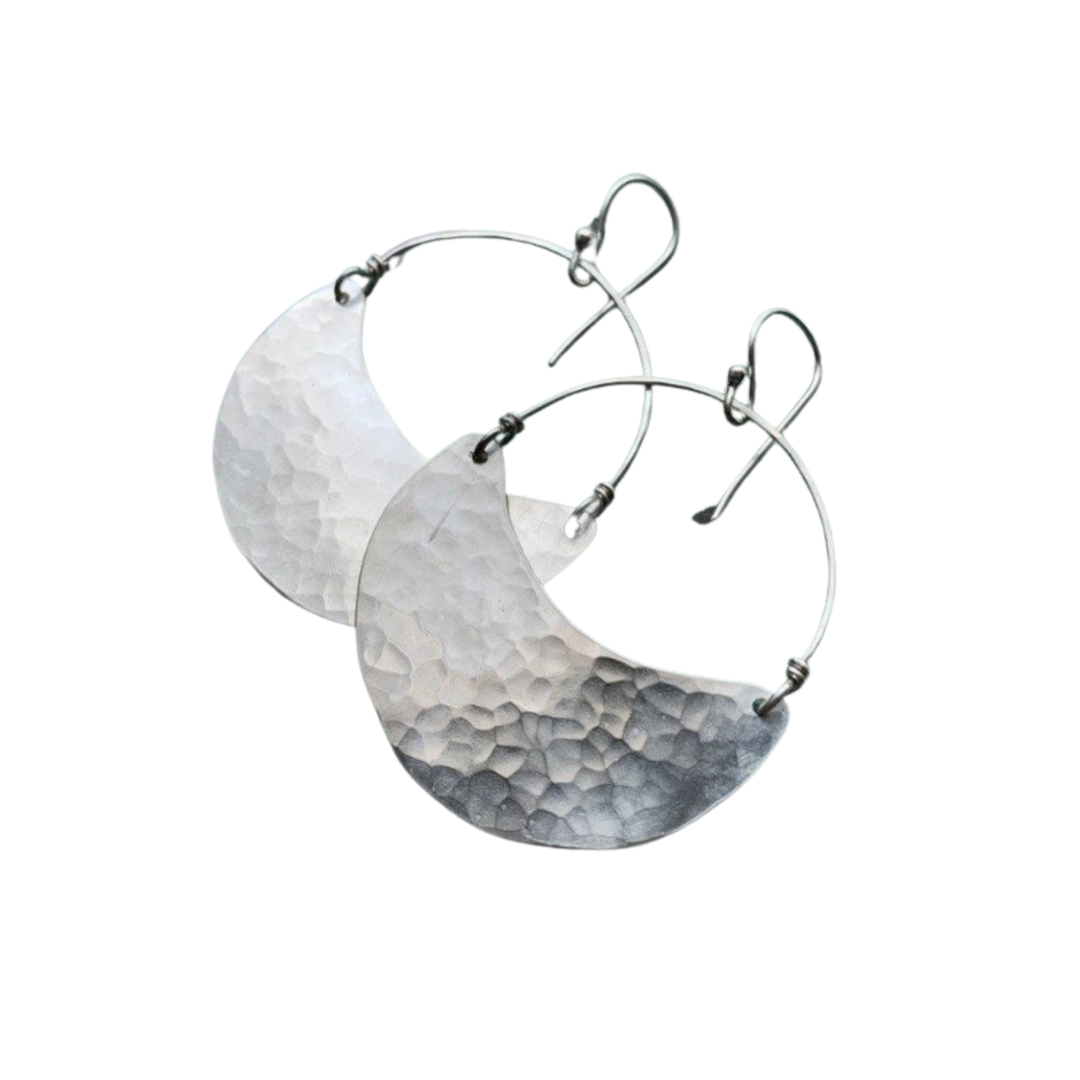 Large Shiny Silver Crescent Earrings - No Patina