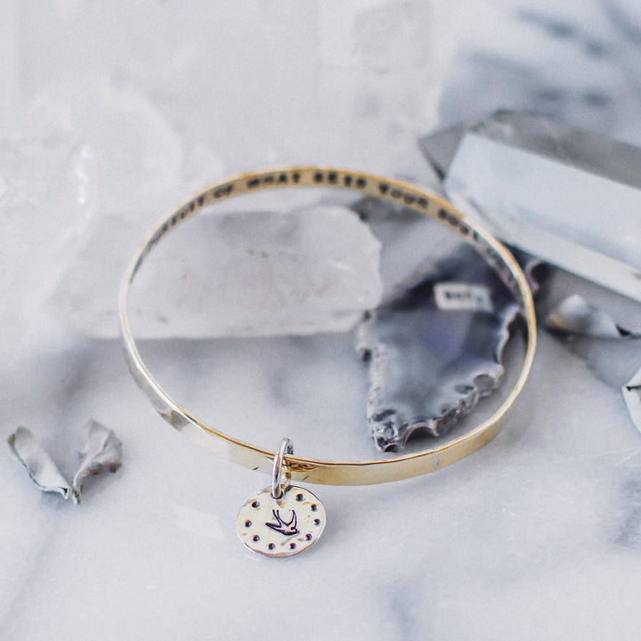 Be Fearless in the pursuit of what sets you free // brass bangle Bracelet with silver charm