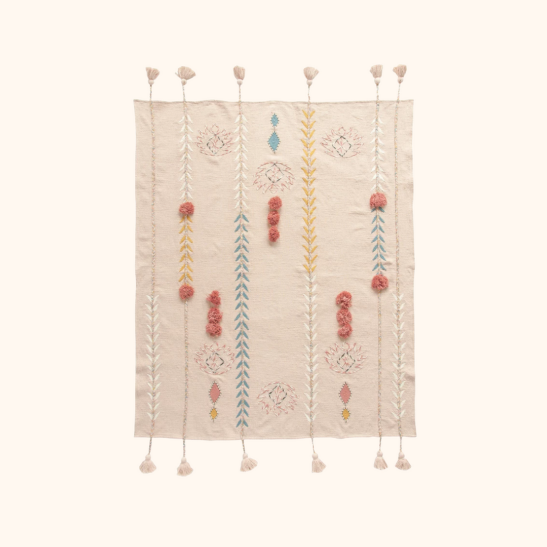 60"L x 50"W Cotton Embroidered Throw w/ Tassels & Applique