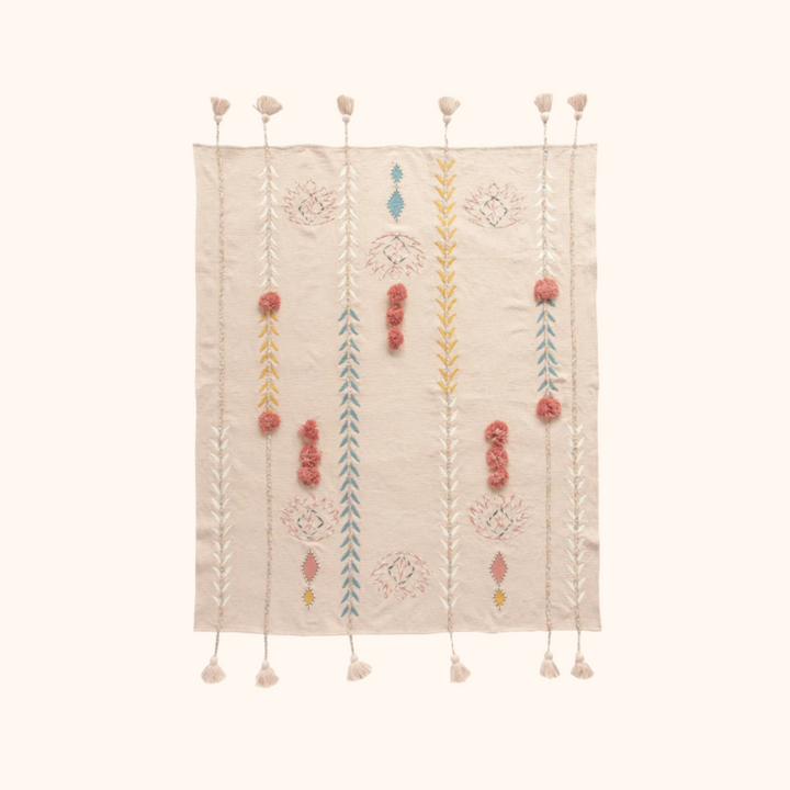 60"L x 50"W Cotton Embroidered Throw w/ Tassels & Applique