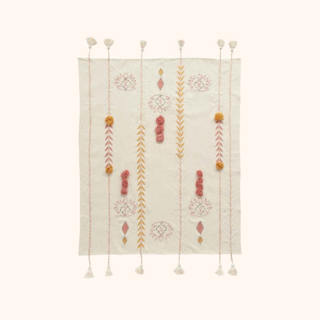 60"L x 50"W Cotton Embroidered Throw w/ Tassels & Applique