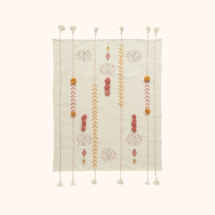 60"L x 50"W Cotton Embroidered Throw w/ Tassels & Applique