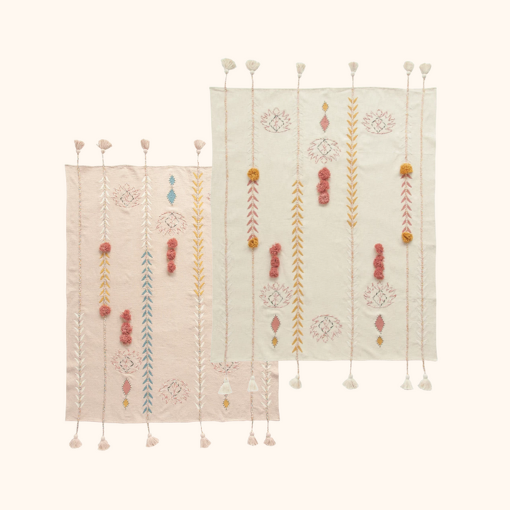 60"L x 50"W Cotton Embroidered Throw w/ Tassels & Applique