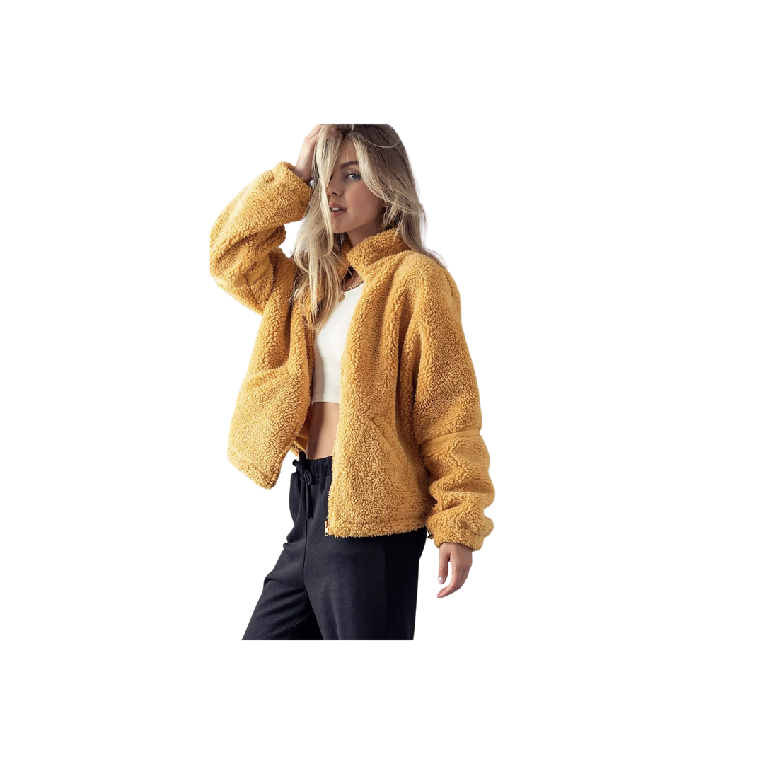 Mustard Polar Fleece Full Zip-up Stand Collar Jacket