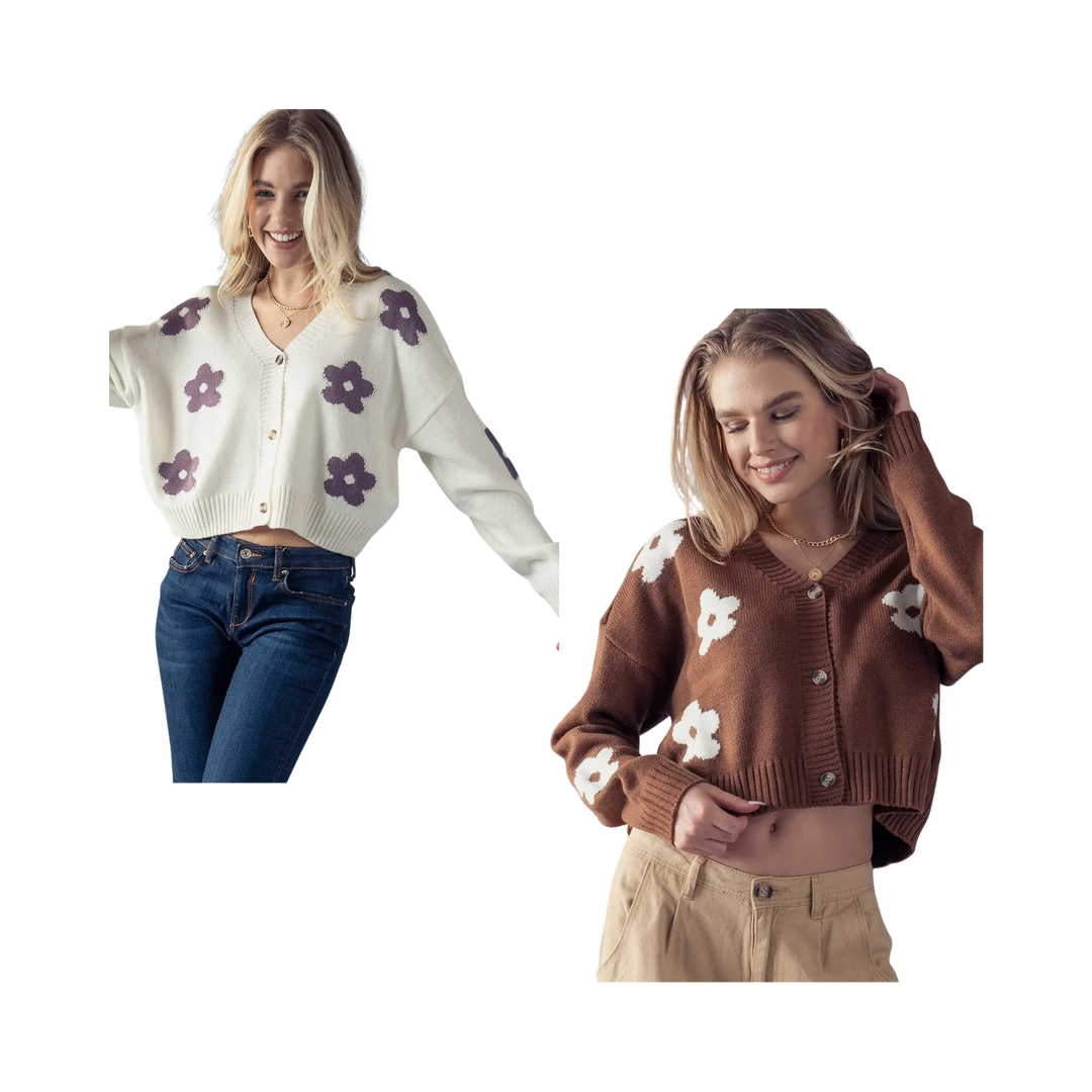 Flower Pattern Long Sleeve Loose Cropped Cardigan