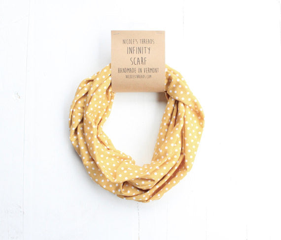 Organic Cotton Infinity Scarf - Yellow with White Polka Dots